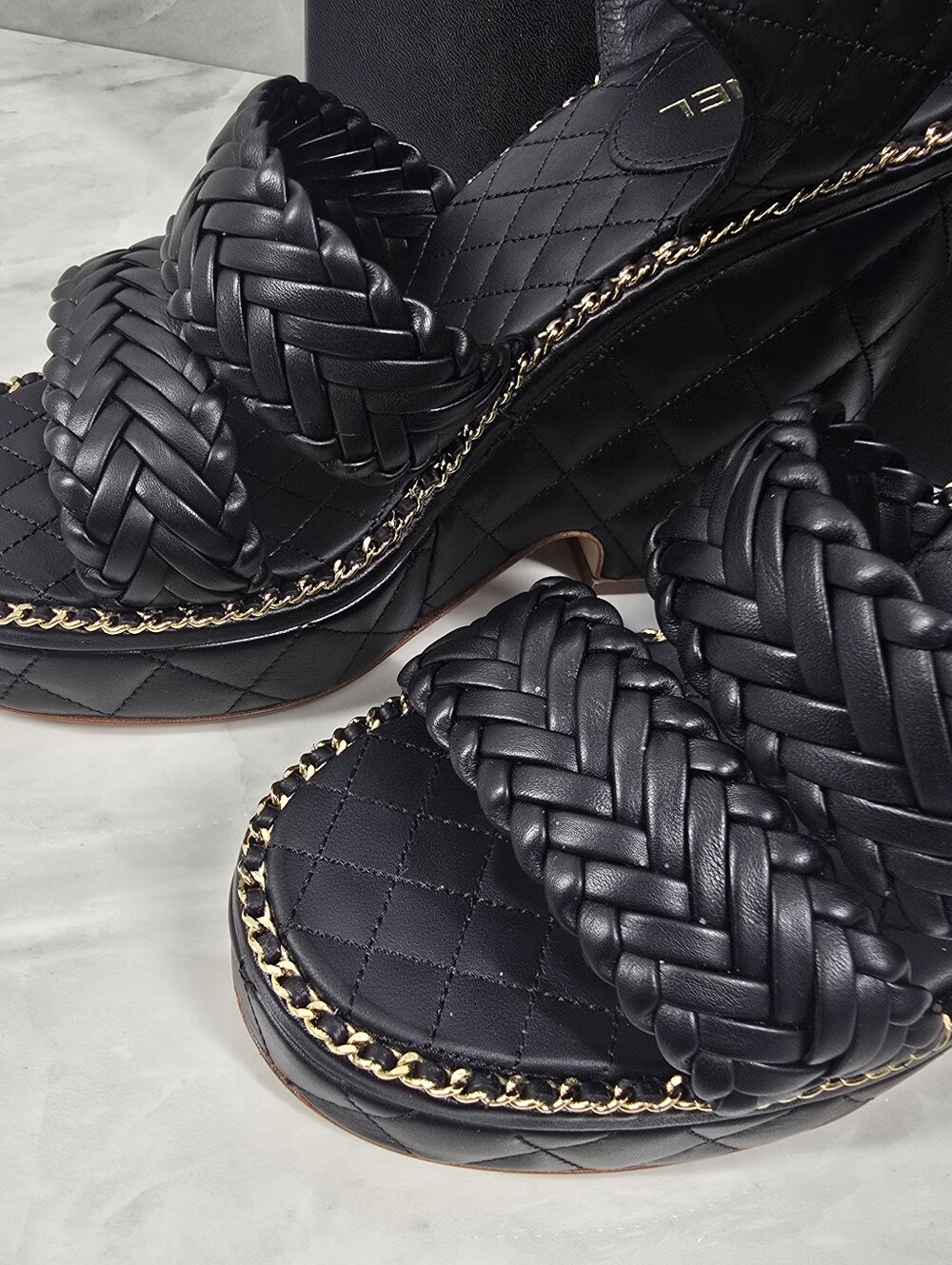 Chanel Black Quilted Braided Leather Platform Sandals - Picture 5 of 13